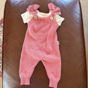 Pink Knit Rabbit + Bear Overall Set with Cherry Onesie